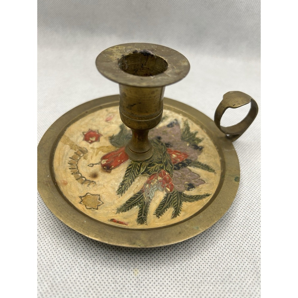 Vintage Brass Candle Holder Candelabrum With Handle & Enamel Design 'Flowers'